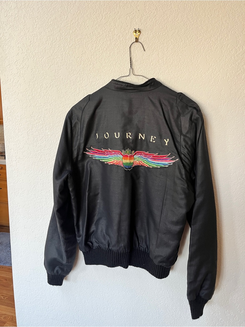 Vintage Journey Black Bomber Jacket with Rainbow Wing Embroidery